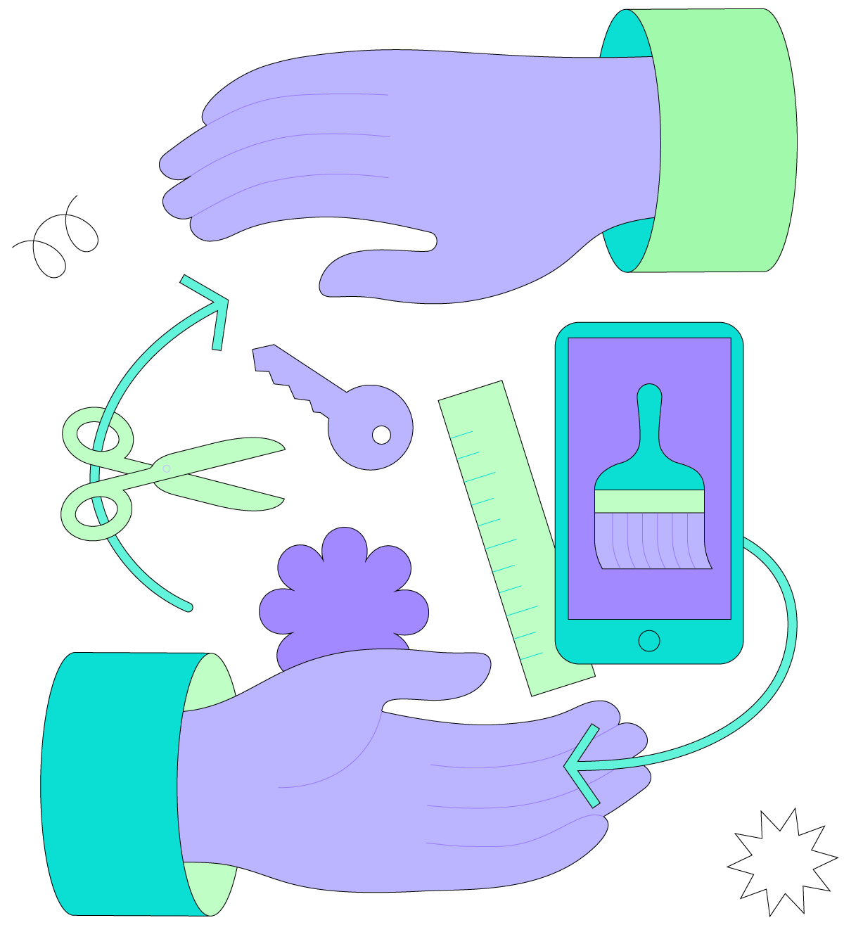 Two purple cartoon hands reaching towards each other. Cartoon scissors, keys, a ruler, and a mobile phone are placed between the hands.