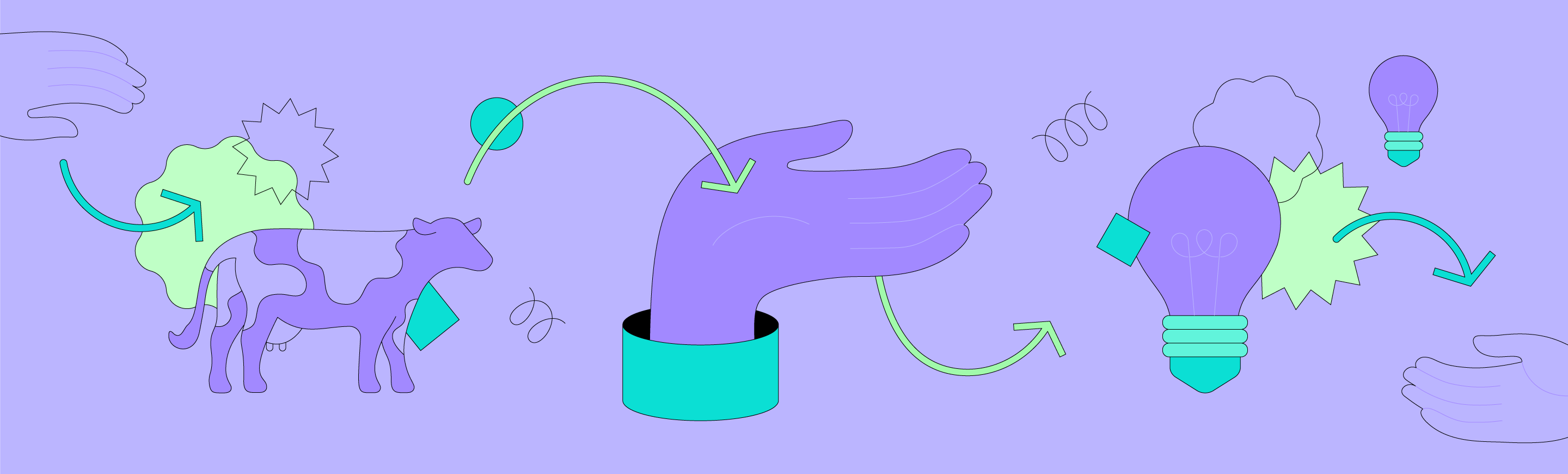 A medley of cartoon hands and lightbulbs in shades of purple and green