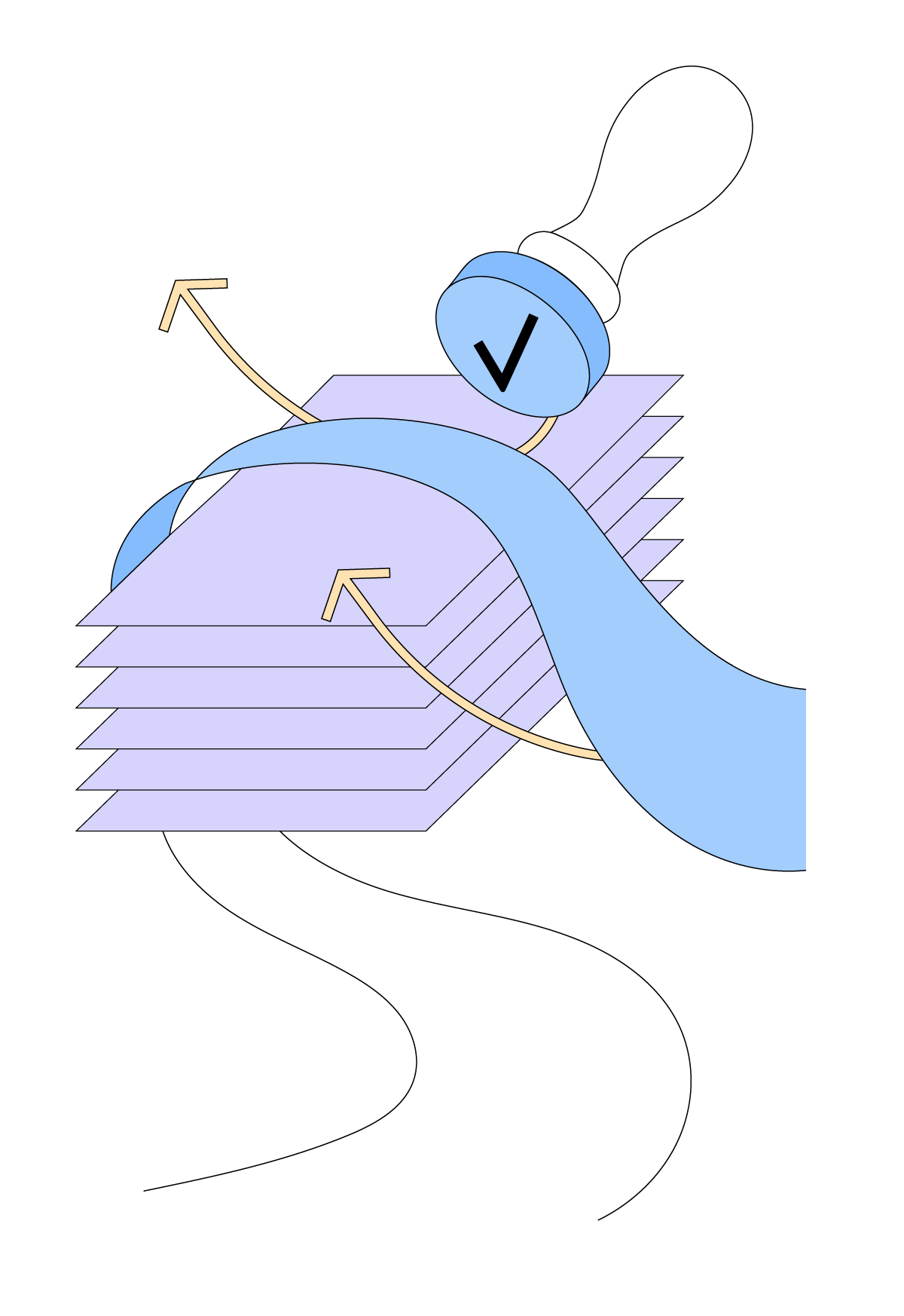 Cartoon graphic depicting documents being approved with a rubber stamp.