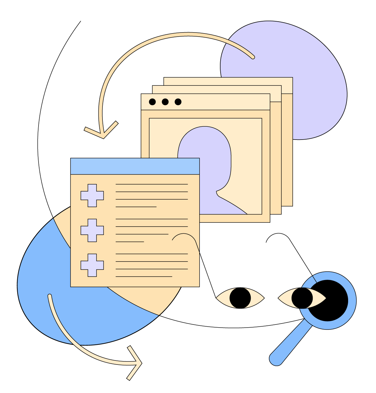 Abstract, cartoon graphic depicting an online database with user profiles, a checklist and a pair of glasses.